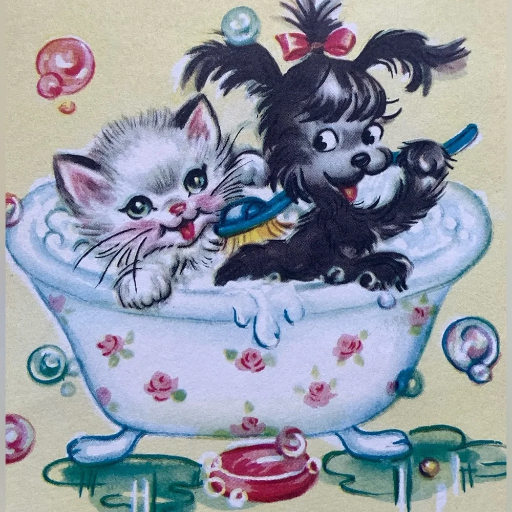 Vintage, 1950 Era Birthday Card Kitten & Puppy Bath Time “Just Bubbling Over”